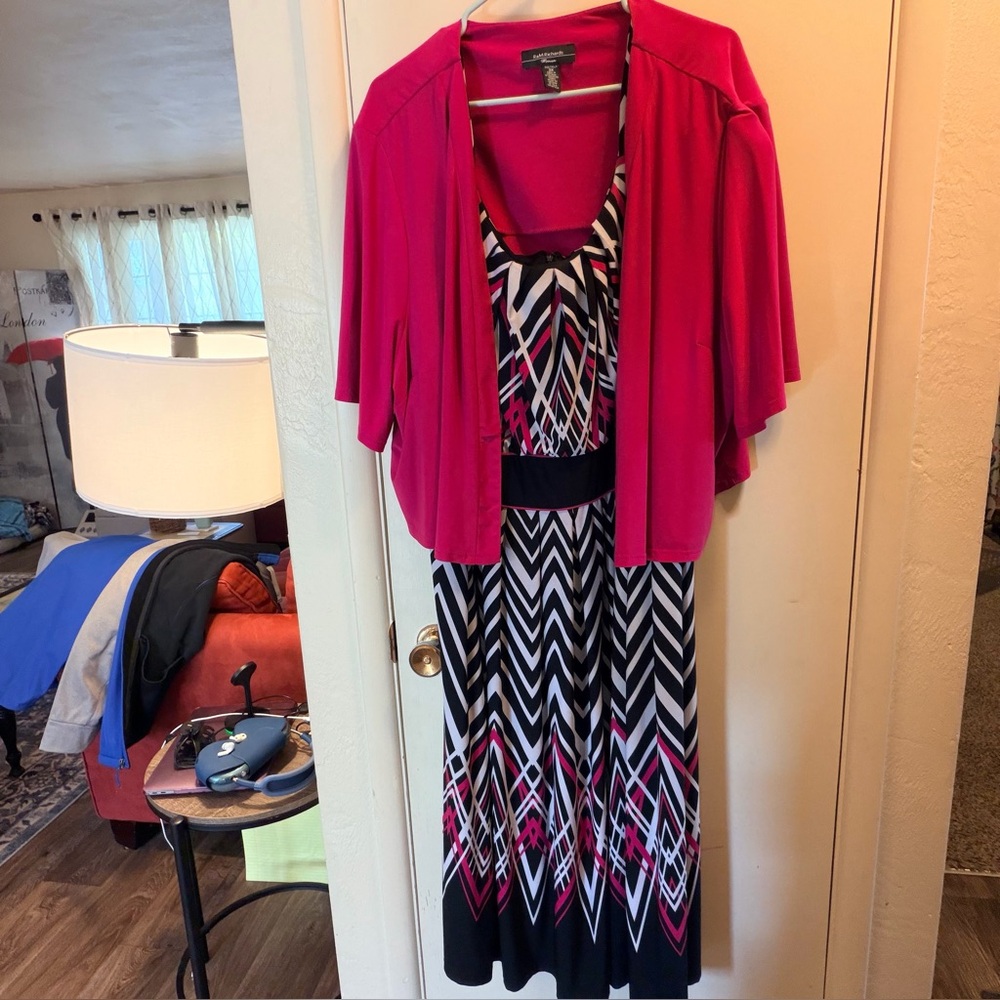 R&M Richards Vibrant Pink and Black Dress with Cardigan